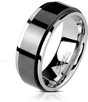 Bungsa 52 (16.6) Spinner-Ring Silber mit schwarzem, drehbaren Mittelteil 6mm aus 316L Edelstahl Unisex Größen 49-72