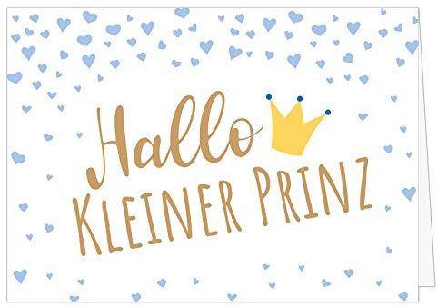 Große Design Glückwunsch-Karte XXL (A4) zur Geburt, Motiv: Hallo kleiner Prinz, blaue Herzen, Sohn Junge/mit Umschlag/Edle Klappkarte/Maxi Gruß-Karte/Baby geboren/Gratulation Eltern