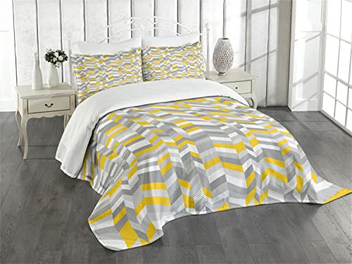 ABAKUHAUS Grau und Gelb Tagesdecke Set, Home Style Zig Zag, Set mit Kissenbezug Kein verblassen, für Einzelbetten 170 x 220 cm, Grauen gelben