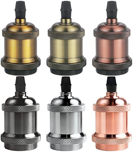 DiCUNO E27 vintage solid Lampenfassung, Aluminium & Keramik Lampenhalter, E27 Sockel für Glühbirne, Antiker-Look für Wand-, Tisch- & Deckenleuchte, DIY Zubehör, Multicolor, 6er Pack