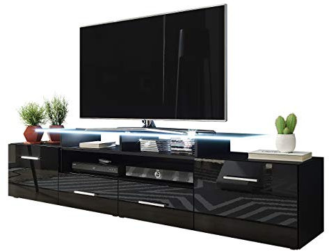 Mirjan24 TV Schrank Agnes, TV Lowboard mit 2 Türen und 2 Schubladen, fronten in Hochglanz, TV-Bank Fernsehschrank, Sideboard Tisch (schwarz/schwarz Hochglanz, mit weißer LED Beleuchtung)