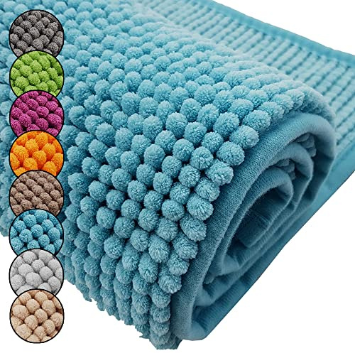 DILUMA Badematte Chenille 2er Set 50x80cm + 45x50cm Türkis Rutschfester Hochflor Badteppich Wellness Badvorleger Saugfähig und Flauschig