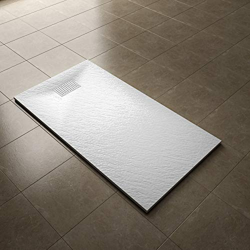 ELEGANT 1500x800mm Slate Effect Shower Tray Slip-Resistance Rectangle Shower Base Tray with Waste and Drain Cover & Grate