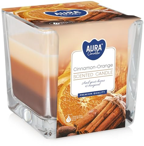 Dreifarbige Duftkerze in quadratischem Glas, Brenndauer 32 Stunden! (Geruch: Zimt-Orange) Deko Duftkerze im Glas