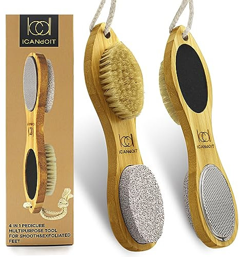 ICANdOIT Natural Bamboo Foot File Callus Remover-Multi Purpose 4 in 1 Feet Pedicure kit with foot care bristle brush,pumice stone,SPA quality foot rasp,sand paper,foot scrubber,home dry wet feet care
