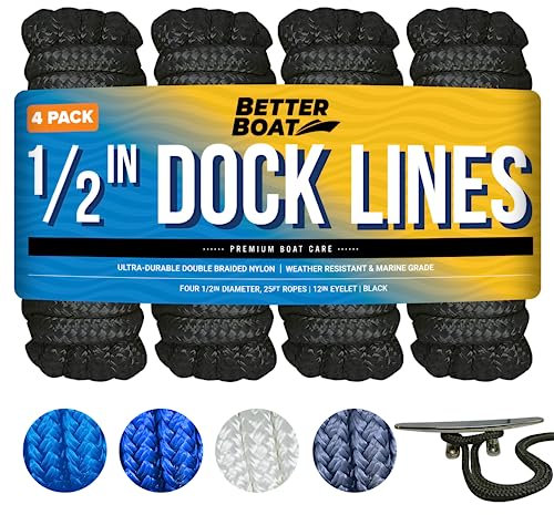 Boat Dock Lines, 1/2 Inch Braided Nylon Rope, 25 ft Mooring Marine Docking Lines with Loop, Black, 4 Pack
