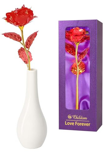 Childom Birthday Gifts for Women,Christmas Rose Gifts For Women Her Mum,Red Rose Flower With Vase,Valentines Present,Purple Flowers for Grandma Wife Girl Anniversary Christmas Wedding Engagement