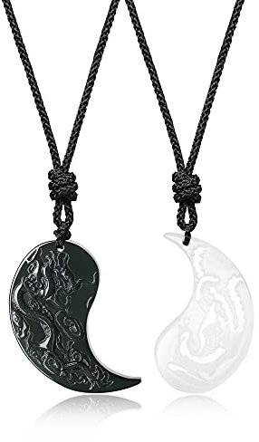 COAI Geschenkideen Glücksketten aus Obsidian und Weißer Jade Drachen und Phönix Gravur Anhänger EIN Paar Pärchen Ketten