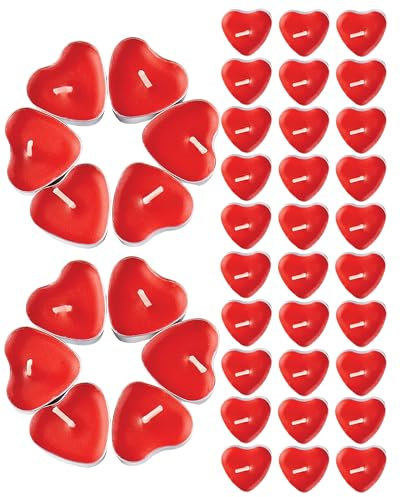 Boîte de 50 Bougies Chauffe-Plat Coeur Rouge - Bougies pour la Saint Valentin, Demandes en Mariage, Anniversaires, Centres de Table, Mini Bougies Romantiques