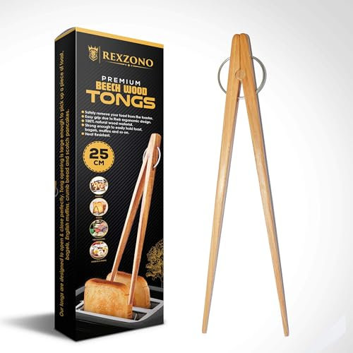 Rexzono® Long Toast Tongs 25cm, Wooden Tongs for Toaster, Small Tongs for Serving Food, Buffet, Salad. Home and Restaurants