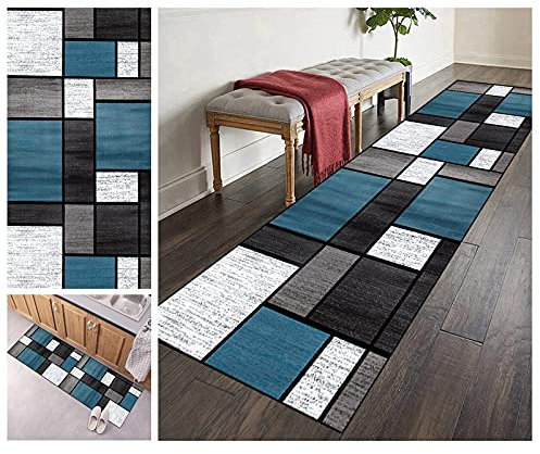 ZVEZVI Teppich Läufer Flur Küche Blau Grau und Schwarz Geometrisches Muster 40x150cm Bunter Modern rutschfest Waschbar Vintage Kücheläufer Teppichläufer Polyester Meterware Anpassbar