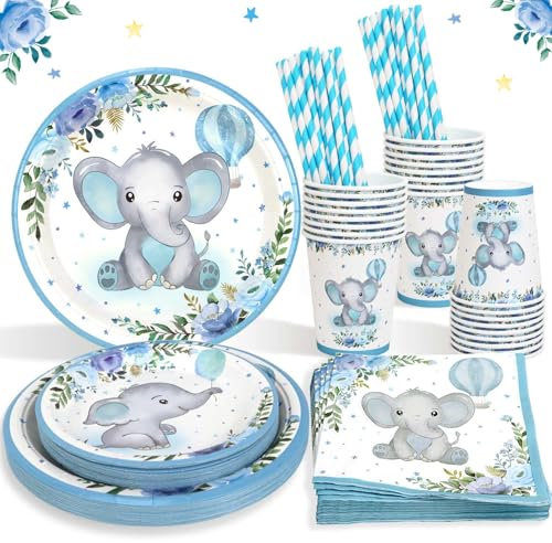 Elefant Babyparty Deko Junge Partygeschirr Set für 25 Personen, 125 Stück Blau Elefant Blumen Einweg Papier Teller Becher Servietten Strohhalme Baby Shower Boy Deko