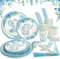 Elefant Babyparty Deko Junge Partygeschirr Set für 25 Personen, 125 Stück Blau Elefant Blumen Einweg Papier Teller Becher Servietten Strohhalme Baby Shower Boy Deko