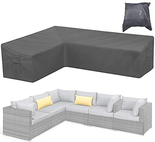 Schonbezug für Terrassenmöbel, grau, wetterfest, strapazierfähig, 420D Oxford-Gewebe, L-förmig, für den Außenbereich, Rattan, Ecksofa (rechte Seite, Länge: 221 x 284,5 cm)