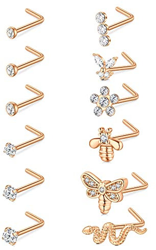 Incaton Nasenstecker 18G Nasenpiercing Edelstahl Nasenring Piercing Nase Piercing Schmuck für Damen Herren CZ Libelle Biene Schlange Blume