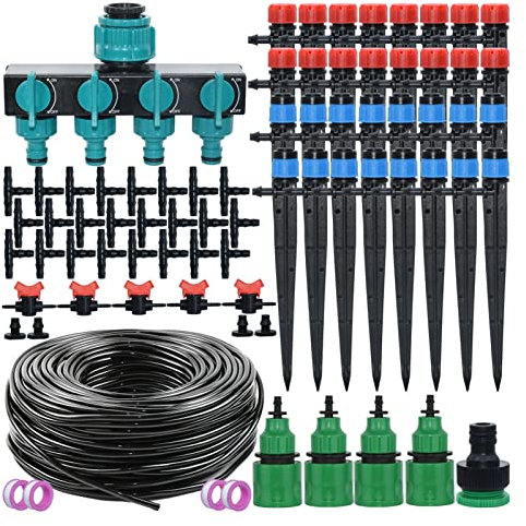 SYKIA Kit di irrigazione a goccia 5M-25M Kit di irrigazione per irrigazione da giardino 4/7mm deviatore tubo rapido accoppiatore irrigatore Tee Garden Tool System serra (colore: KSL01-KIT084-25M)