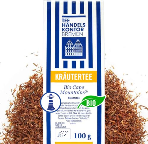 Hochwertiger Bio Rooibos Tee lose Cape Mountains® 100 g koffeinfrei mild | Rotbraunes Blatt aus Südafrika, Kräftige Tassenfarbe, Mild im Geschmack, Aus ökologischem Anbau