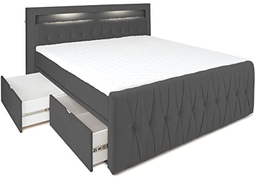 wonello LED-Bett 160x200 mit Bettkasten - gemütliches Bett mit Matratze und Topper - Valencia Stauraumbett 160 x 200 cm mit Schubladen Samt-Stoff anthrazit grau
