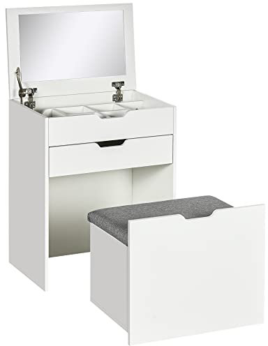 HOMCOM Dressing Table with Flip-up Mirror and Storage Stool, Vanity Table with Drawer and Hidden Compartments for Bedroom, Living Room, White