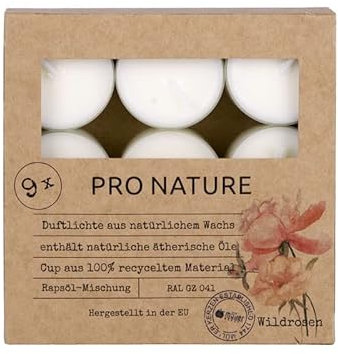 Müller Kerzen PRO NATURE Candele Profumate Tealights - 9 Candeline Bianche alle Rose Selvatiche - 38 x 24 mm - Durata 6 Ore - Cera Naturale e Oli di Colza - 100% Materiale Riciclato