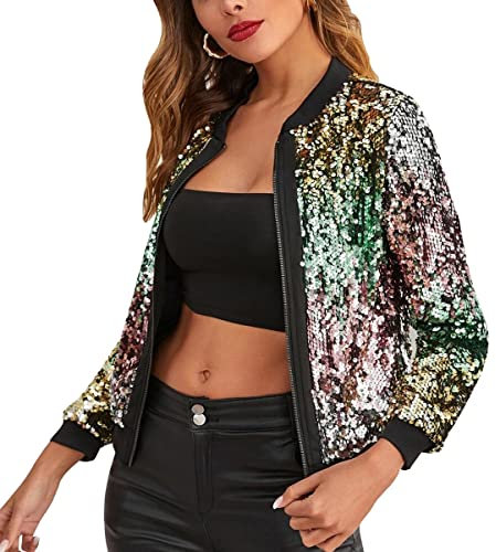 ORANDESIGNE Baseball Jacke Damen Pailletten Reißverschluss Langarm Jacken Frühling Herbst Kurze Jacke Outwear mit Taschen Frauen Retro Casual Baseball Bomberjacke Bikerjacke F Grün M