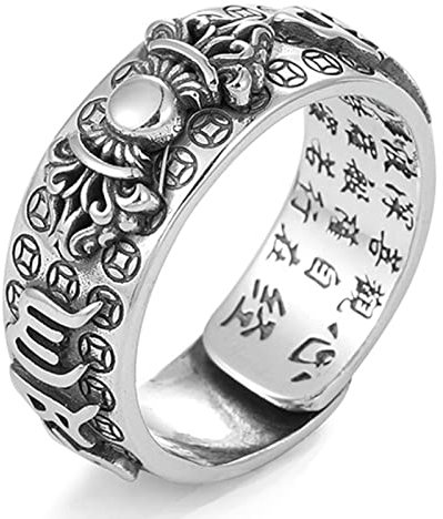 Feng Shui PiXiu Mantra Ring,Kucheed Silberne Buddhistische Glücks Fingerringe,MANI Amulett Mantra Schmuck,Doppelter Schutz Reichtum Liebe Gesundheit Band,Jahrgang Verstellbare Ringe Geschenk (H)