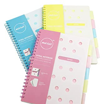 mukawa Micro-perforated Spiral Notebook with 5 Movable Dividers, 80gsm ivory paper, 8mm Ruled, A4, 100 sheets, Pink, Yellow, Blue 3-color Pack