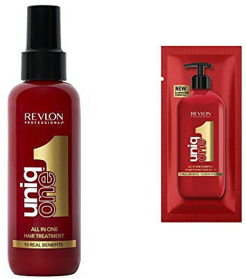Revlon Professional UniqOne, Maske Spray ohne Ausspülen (150 ml), pflegende und reparierende Haarpflege + UniqOne Shampoo Probe (20 ml)