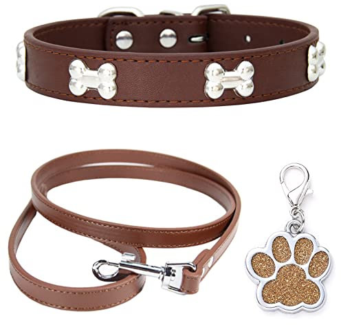 HALFSUMO Hundehalsband Leder Halsband Hundeleine Combo Set Hundehalsbänder Verstellbares Welpenhalsband für Kleine Mittelgroße Hunde Katzen Braun S