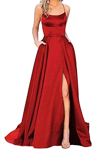 xxxiticat Robe de Bal Longue Élégante pour Femme avec Poches, en Satin, Ligne A, Dos Nu, Sexy, Spaghetti, Princesse, Demoiselle d'Honneur, Rouge, L