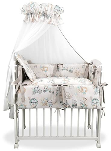 Generisch Baby Delux Beistellbett Set Babybett Komplett Set Stubenwagen weiß 90x40 inkl. Matratze und mehrteiligem Bettset (Zoo beige Mint)