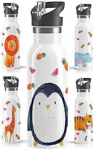 OWLBOOK® Edelstahl Trinkflasche Kinder | Wasserflasche mit Strohhalm | 600 ml | Sportdeckel | Spülmaschinenfest | Schule Sport | Schulanfang Geschenke zur Einschulung Junge Mädchen| Pinguin