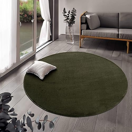 payé Teppich Wohnzimmer Hochflor Grün - 160x160cm - Rund Super Soft Kuschelweich Flauschig Modern Einfarbig Modern Weicher Schlafzimmerteppich