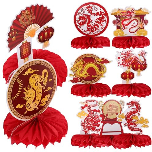 Amosfun 9 Pièces Centres De Table En Nid D'abeille Du Nouvel An Chinois Fête Du Printemps Papier Nid D'abeille Pour L'année Du Dragon 2024 Nouvel An Fournitures De Fête Nouvel An Boule En