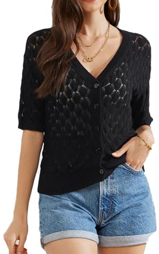GRACE KARIN Cardigans for Women UK Women Elegant V-Neck Sweater Short Sleeve Cardigan Black L