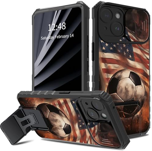 BWEGRHE Football Flag Design for iPhone 14 Phone Case with Slide Camera Cover, Dual Layer Shockproof TPU Bumper Men Women Case with Folding Kickstand (2 Stand Ways) for iPhone 14