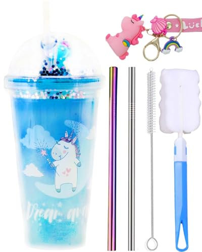 seelucky Gobelet de voyage licorne avec paille à paillettes - Tasse de congélation en plastique pour pique-nique, fête, anniversaire - Bleu licorne mignonne