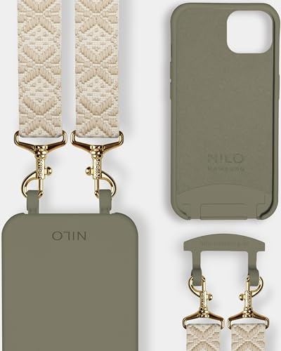 NILO® Set | Handyhülle mit Band, Handyband Beige Mattatang mit Oliver Handyhülle für iPhone 13 Mini | hochwertige Handykette, verstellbar, mit Karabiner Gold