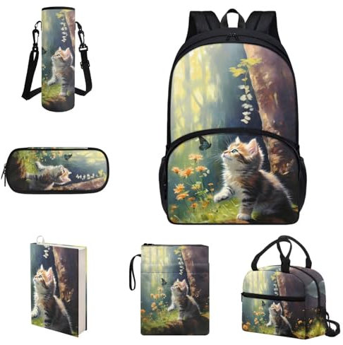COEQINE Lot de 6 sacs à dos pour adolescentes et filles avec couverture de livre d'animaux pour enfants de 8 à 10 ans avec boîte à déjeuner et trousse à crayons et bouteille d'eau, Chats Buttbrowse-