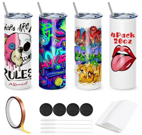Cafultgo Paquete de 4 vasos de sublimación, tazas en blanco, botella de agua, vaso de acero inoxidable recto blanco de 20 onzas para máquina de prensado en caliente, impresión por sublimación