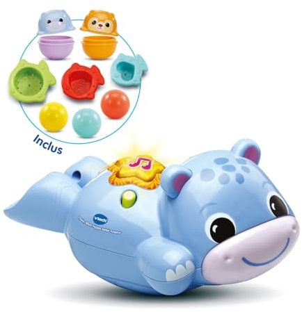 VTech - Théo, Mon Hippo Bébé Nageur, Jouet de Bain Bébé, Hippopotame Qui Nage, Animal Interactif et Musical avec 8 Accessoires de Jeu, Cadeau Enfant Garçon et Fille Dès 1 an - Contenu en Français