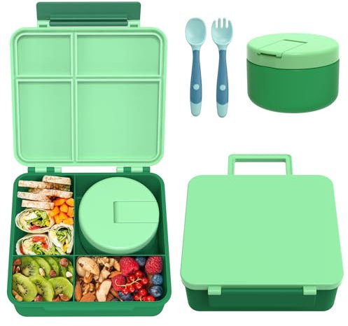 Lunch Box Kinder Set mit 300ml Thermobehälter für Essen, Auslaufsicher Brotdose Kinder mit 4 Fächern, Isolierte Lunchtasche, BPA-Freie Thermo Lunchbox Kinder, Schule, Ausflüge (Grün)