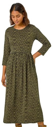 Roman Originals Midi Dress with Pockets for Women UK Ladies Stretchy Jersey Maxi Long 3/4 Length Sleeve Gathered High Waist Boho Flattering Skater Swing Fit Flare - Khaki - Size 10