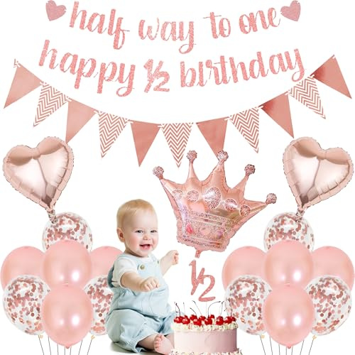 Half Way to One Decorations - 20 PC Rose Gold Half Birthday Set | 20 Pcs Rose Gold Half Birthday Baby Girls Happy 1/2 Birthday Banner Confetti Balloons