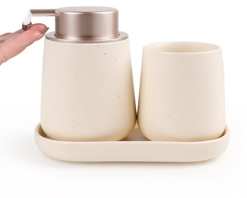 Umlaca Badezimmer Set Beige, 3-teiliges Badezimmer Zubehör Set aus Keramik, Dekoratives Badzubehör Enthält Seifenspender Zahnputzbecher & Badablage für Schmuck, Geeignet für Bad (Flüssigseifenspender)