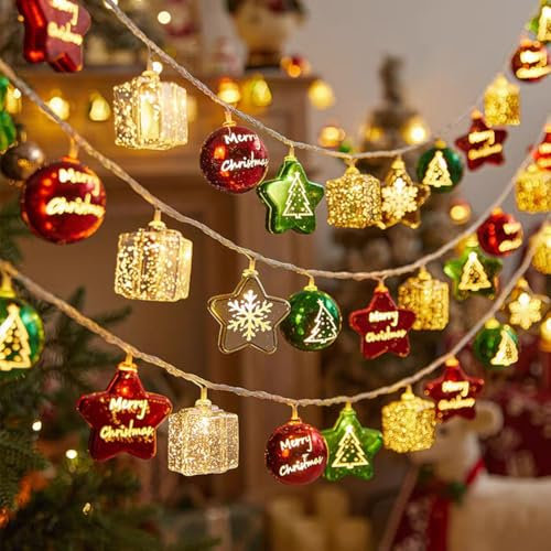 Lichterkette Weihnachten, 3 M 20 LED Weihnachtsdekoration String Lights Weihnachtskugeln Sterne Girlande Weihnachtsbaum Lichter Batteriebetriebene Weihnachtsbeleuchtung für Indoor,Outdoor (01)