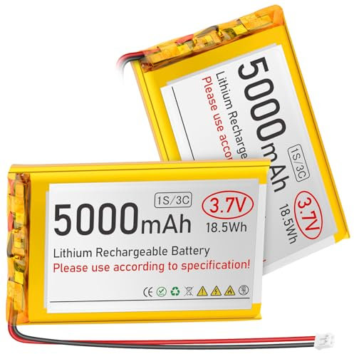 3,7V 5000mAh LiPo-Akku Wiederaufladbarer 1S 3C Lithium-Polymer-Akku mit Schutzplatine Isolierband aus Gummi, PH2.0 Stecker für AR duino ESP32 Entwicklungsplatine (2er Pack)