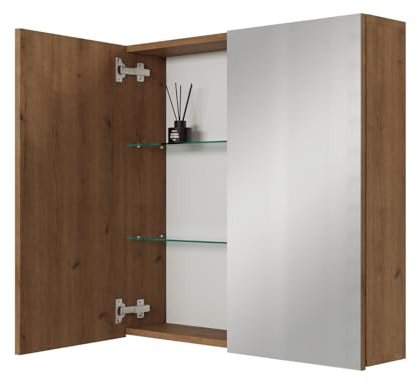 Planetmöbel ARIA Spiegelschrank Bad 70 cm breit | Badschrank hängend mit Spiegel | Gold Eiche, ohne Leuchte und Steckdose, Spiegelschrank Gäste WC 70 x 70 x 16 cm