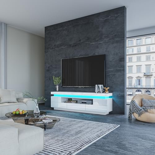 White High Gloss TV Unit,TV Stand Cabinet with RGB LED 150cm,5 Drawers Storage, Open Shelf & Hidden Top Compartment, Modern Media Console for Gaming Setup & Living Room 150 x 35 x 52cm