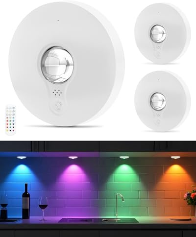 3 Stück USB Aufladbar LED Spots Akku mit Fernbedienung, RGB Unterbauleuchte | weiß kabellos vitrinenbeleuchtung led, dimmbare, timer, 3 farbtemperaturen, magnetisch licht, schrankbeleuchtung für küche